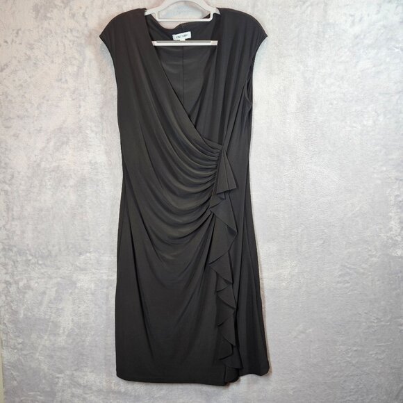 Jones Studio Draped Ruffle Midi Dress Womens Size 14 Black Party fitted cocktail - Picture 1 of 13